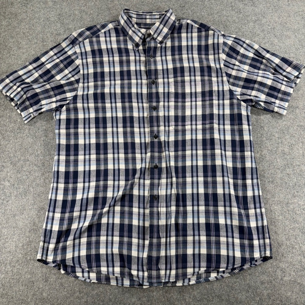 Lands End Mens Large Short Sleeve Plaid Button Down Shirt Navy Blue Standard Fit